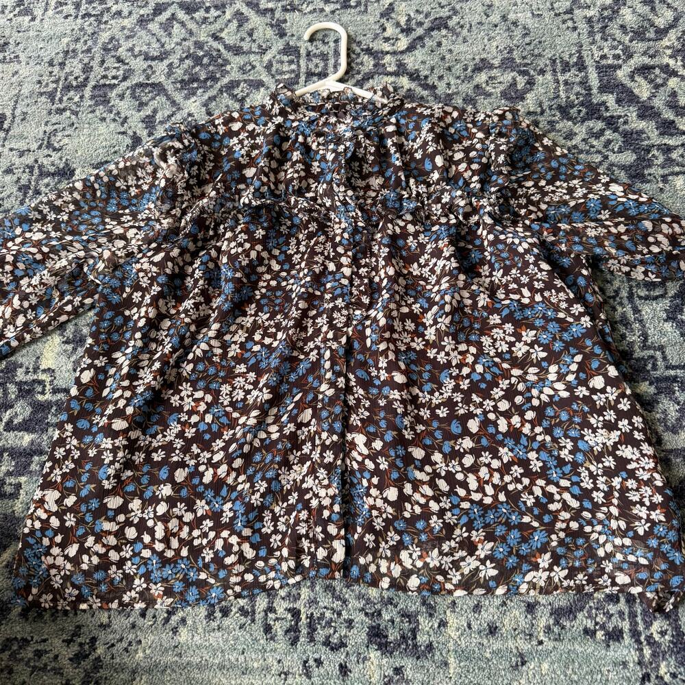 Mango Brown Blue & White Floral Ruffled Long Sleeve Blouse Preppy Summer | Sz 4 - Picture 6 of 12